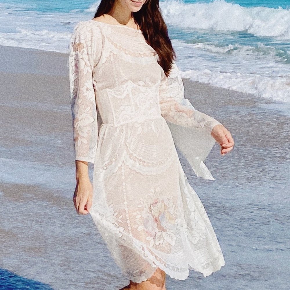 Vintage White Lace Sheer Bell Sleeve Floral Hippie Midi Dress - Picture 9 of 12